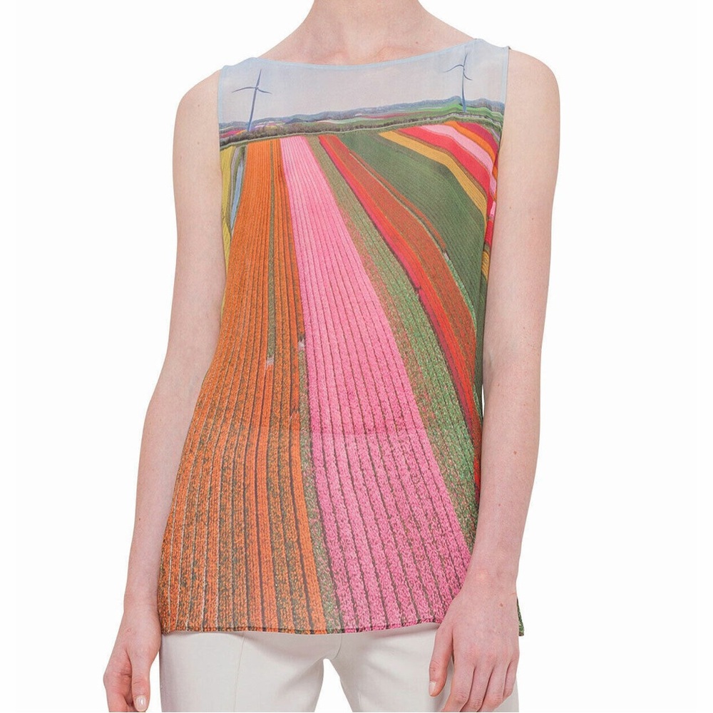 Akris Tulip Farm Flower Field Print Tank Top Silk Stripe Rainbow Floral Blouse 8